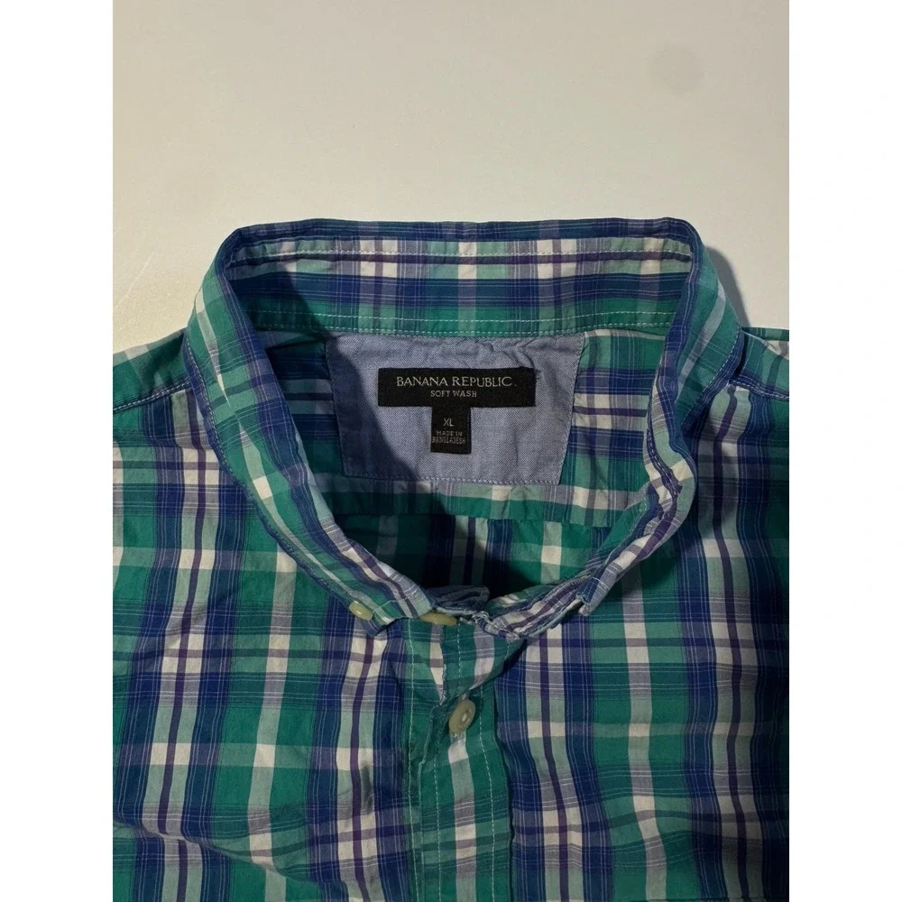 Banana Republic Soft Wash Dress Shirt Mens Green Blue Teal Plaid Fall 13